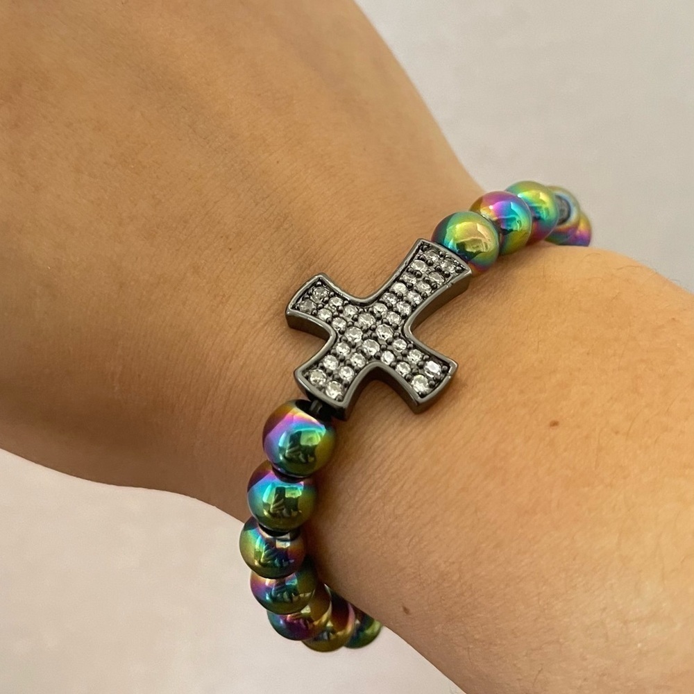 Metal metalic cross cz beaded bracelet
